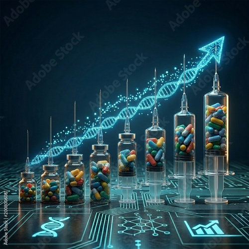 AI-generated laboratory vials with colorful capsules and syringes alongside a glowing DNA strand, symbolizing pharmaceutical innovation, genetic research, and advanced healthcare development.
