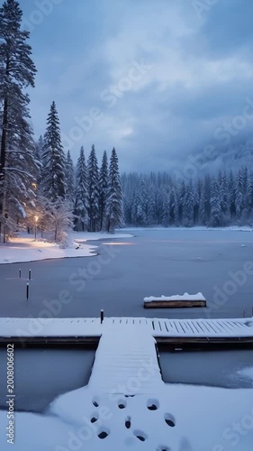 Steaming lakeside sauna beside frozen winter lake