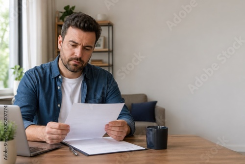 man reading document at wooden table in bright home office with coffee and laptop