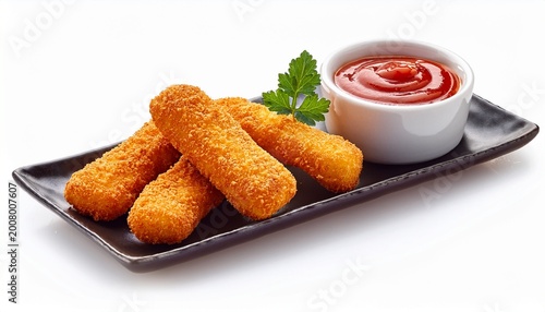 crispy mozzarella sticks with marinara sauce isolated on white background