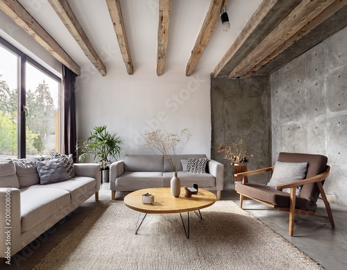 loft farmhouse interior design of modern living room with concrete wall