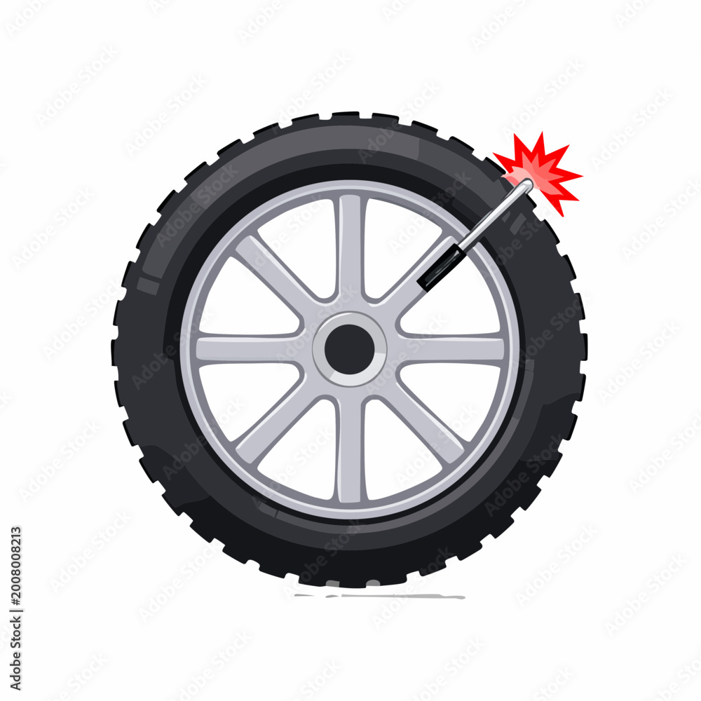 Obraz premium Tire Punctured by Sharp Object with Red Burst Effect Indicating Damage