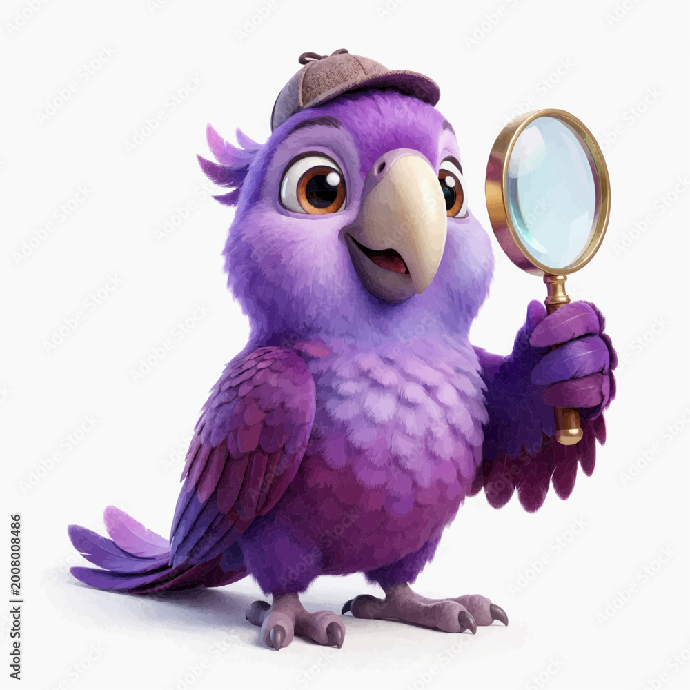 Fototapeta premium Cute Chibi Purple Macaw Detective 3D Character with Magnifying Glass, Bird Mascot