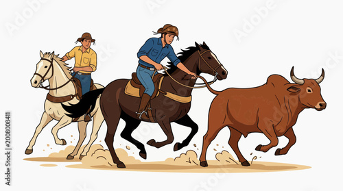 Vaquejada Brazilian Rodeo Flat Illustration Set, Traditional Northeastern Cowboy Sport Vector