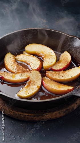 Apple slices cooking in brown sugar syrup with steam rising