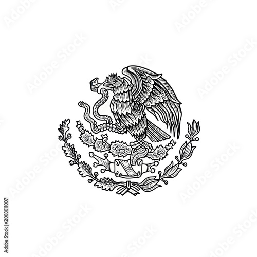 Mexican Coat of Arms Emblem - Eagle, Snake, Laurel Wreath - Isolated Vector