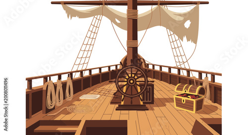 Foto Pirate Ship Deck with Treasure Chest and Steering Wheel, Nautical Adventure
