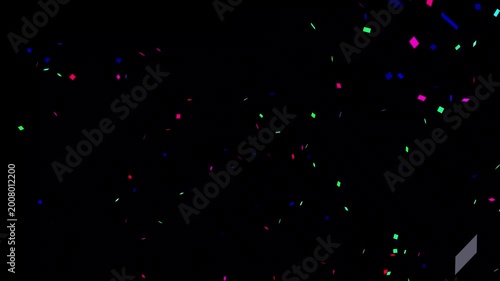 Vibrant confetti cannon burst, realistic colorful paper rain, transparent alpha channel, festive birthday wedding new year celebration black screen, isolated overlay, sparkling falling motion 4k