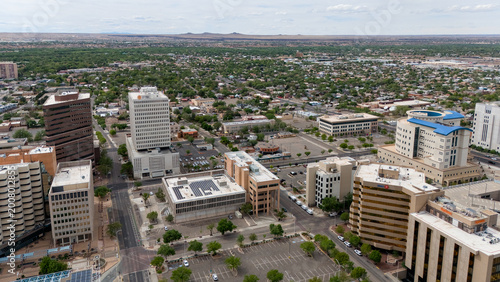 Fotografie Drone photo of downtown Albuquerque with office buildings roads and urban skylin