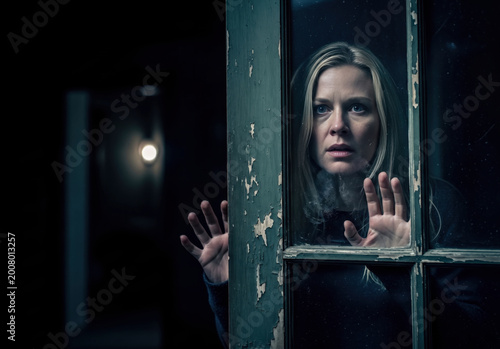 Terrified woman looking through the glass of an old door, suspense and fear, dark horror movie scene