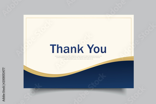 Photos A professional and elegant thank you card template design featuring a sophisticated navy blue and gold color palette with modern curved graphic elements