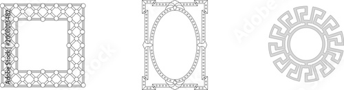 Fotografie Geometric frame designs: square lattice, rectangular oval with dotted border, and circular Greek key pattern