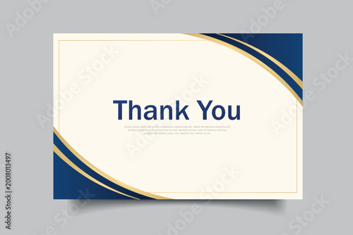 A professional and elegant thank you card template design featuring a sophisticated navy blue and gold color palette with modern curved graphic elements.