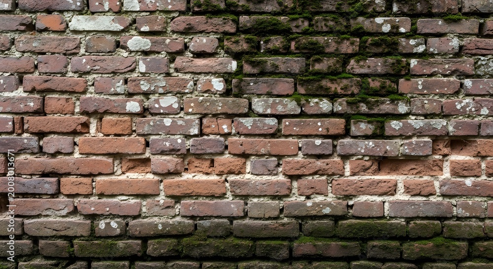 Naklejka premium Weathered Red Brick Wall Texture with Green Moss and Old Stains