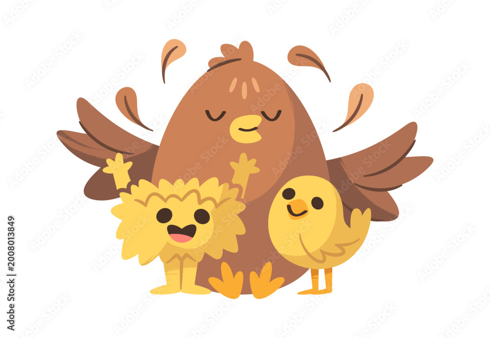 Fototapeta premium Hen Hugging Chicks Family Cartoon Style