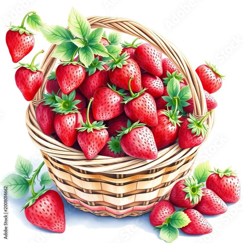Whimsical watercolor drawing of a basket overflowing with juicy red strawberries, strawberries, watercolor