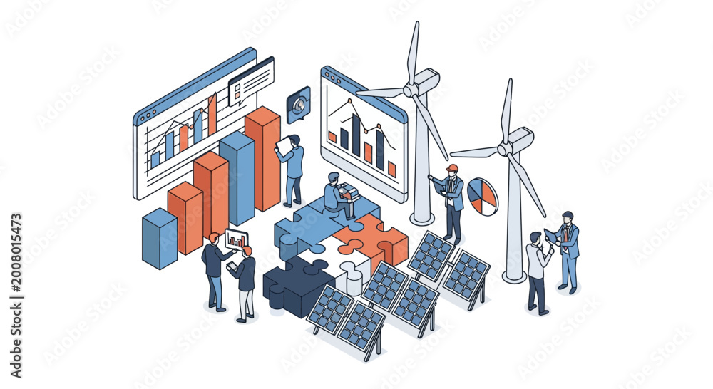 Fototapeta premium Isometric renewable energy inspection and data analysis illustration