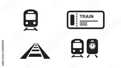 Train Icons Set with Locomotive Railway Track Ticket Clock for Transportation and Travel UI Concepts