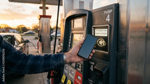 Person using a smartphone for contactless payment at a gas pump at sunset