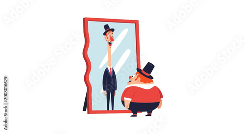 Foto Man with long neck sees slim self in wavy mirror