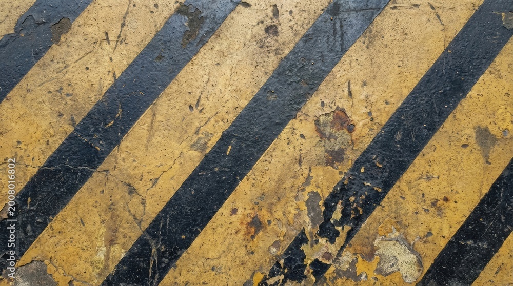 Fototapeta premium Close-up of a weathered surface with diagonal black and yellow stripes, creating a warning pattern.