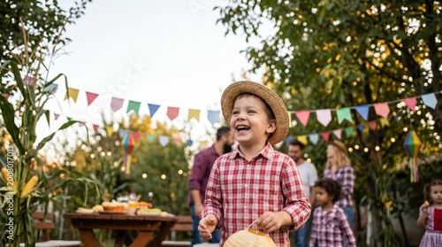 Happy little boy wearing a straw hat and plaid shirt laughing during an outdoor festa junina celebration