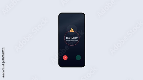 Smartphone application UI design displaying incoming spam call warning alert showing scam likely reported by multiple users.