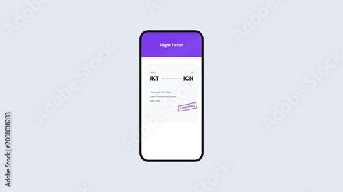 Mobile App UI Animation for Flight Ticket Booking Jakarta to Seoul Incheon with Purple Header and Confirmed Status