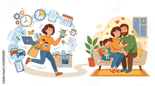 Busy woman multitasking with family life balance concept illustration