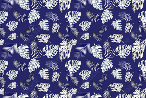 Tableau sur toile Seamless Hawaiian floral pattern in elegant blue tones, featuring tropical flowers and leaves arranged in a balanced composition