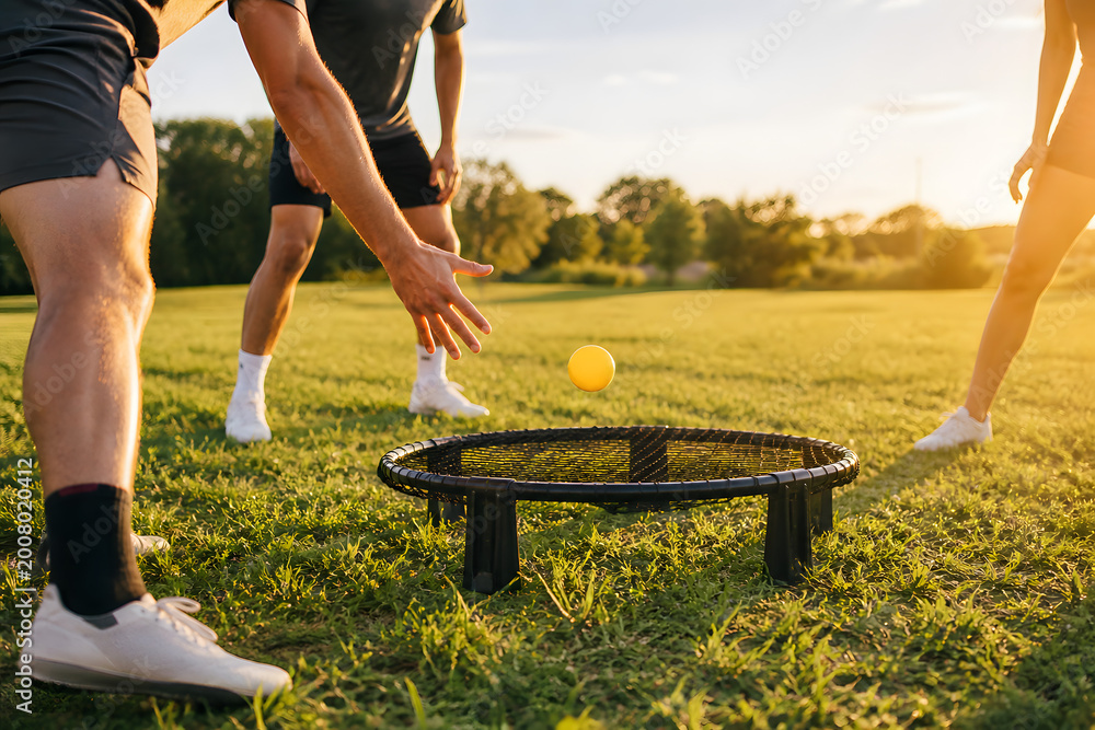 Fototapeta premium Friends playing spikeball roundnet outdoors at sunset in park