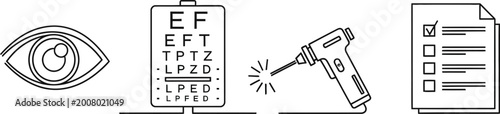 Set of line art icons depicting eye care and ophthalmology examination process.