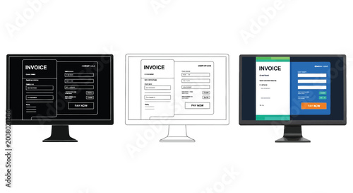 Three computer monitors displaying different styles of a professional digital invoice web payment interface template
