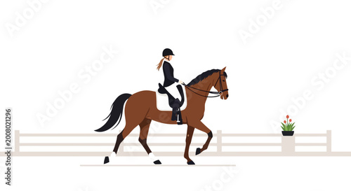 Schilderij op canvas Equestrian rider on brown horse in dressage arena, white background