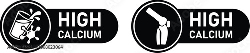 Foto High calcium nutrition badge icon set with milk glass and bone health symbols mo