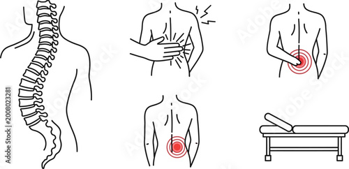 Set of medical line icons illustrating spine anatomy and back pain treatments.