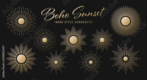 Vintage golden sunburst, sunset beams collection. Boho style, modern minimalist bohemian design. Hand drawn bursting sun, light rays. Logotype or lettering retro design element. Vector illustration