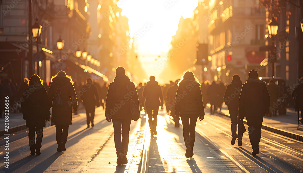 Obraz premium Crowd of people walking on a city street during sunset, warm golden hour light, atmospheric, urban scene, commuters, pedestrians, city life, backlit figures, long shadows