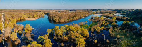 River overflow. Spring high water, aerial drone panoramic view