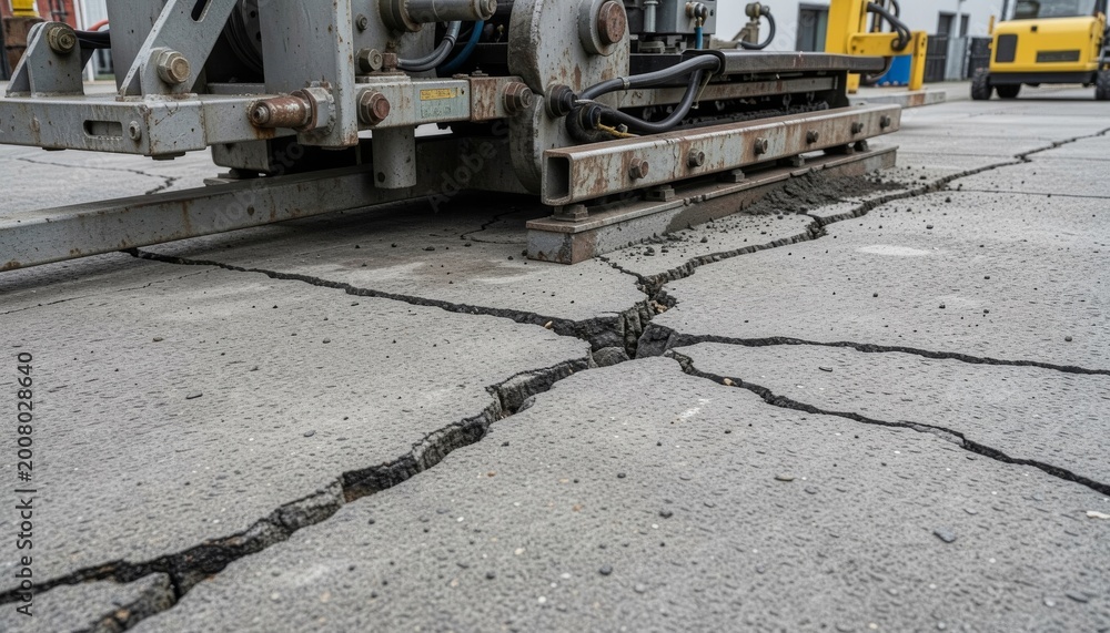 Fototapeta premium Crack sealing machine repairing long asphalt cracks with cones on city street surface