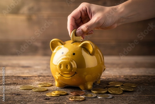 Hand depositing coin into a yellow piggy bank on a wooden table