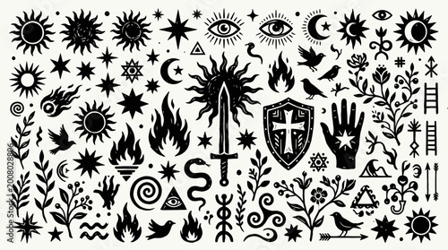 Set of occult and esoteric hand drawn mystic symbols.
