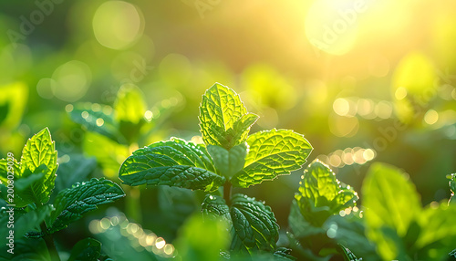 Fresh mint leaves glistening with dew in warm morning sunlight, vibrant green herb in a garden setting, healthy natural growth