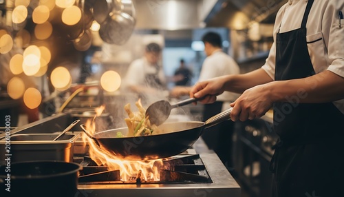 Professional Chef Stirring Wok Frying Vegetables in Busy Kitchen