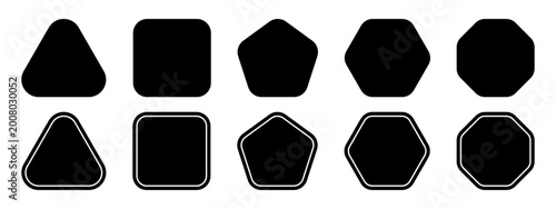 Collection of black geometric figures with rounded corners and inner borders. Triangle and square, pentagon, hexagon and octagon shapes isolated on white background. Vector graphic illustration.