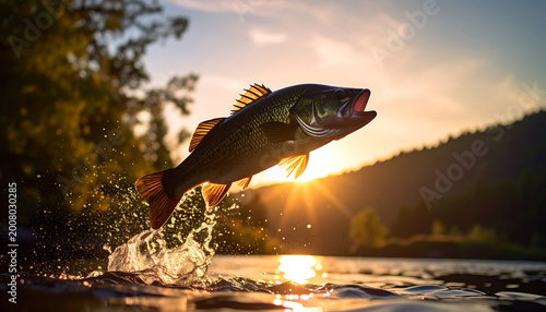 A large bass fish leaps from the water at sunset, splashing water droplets in a golden sunbeam, signifying a successful catch and the beauty of nature.