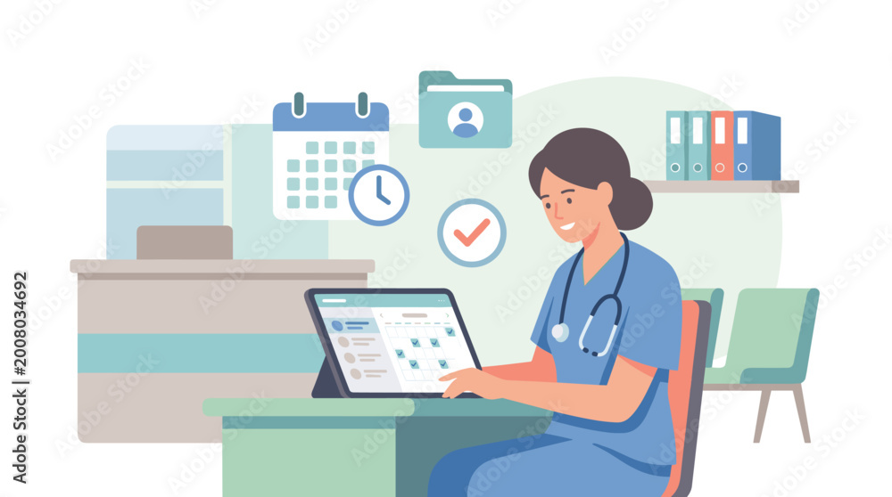 Fototapeta premium Nurse at desk using laptop in clinic.
