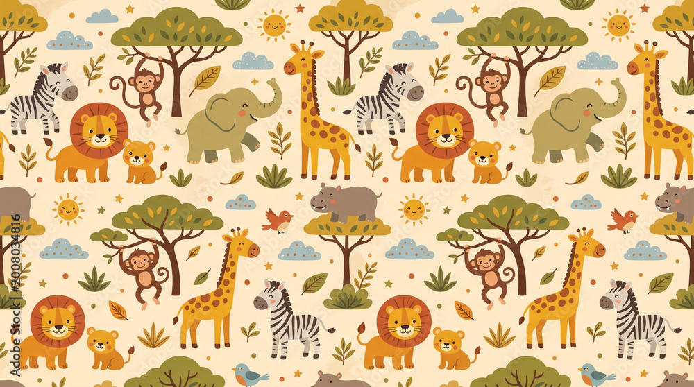 Obraz premium seamless pattern with trees and wild animals