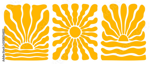 Set of vertical posters with groovy sun and sea silhouettes. Wavy orange rays. Groovy sunburst, sunrshine or sunlight wallpapers. Summer theme prints. Positive vibes designs. Vector flat illustration.