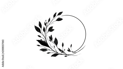 Elegant black and white botanical frame with leafy branches forming a minimalist circle. Organic nature design element.